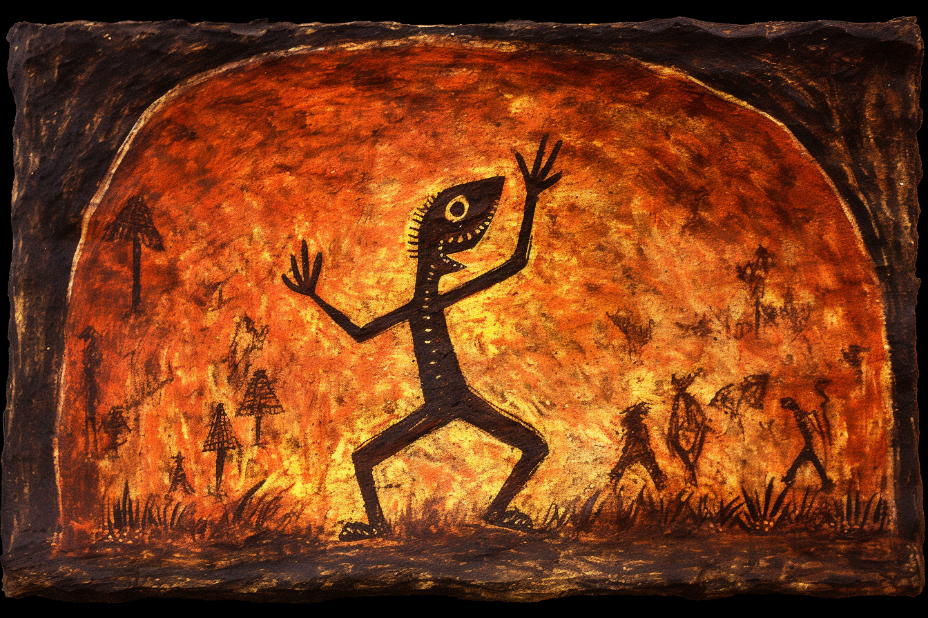 Ancient cave art depicting a reptilian humanoid creating fire